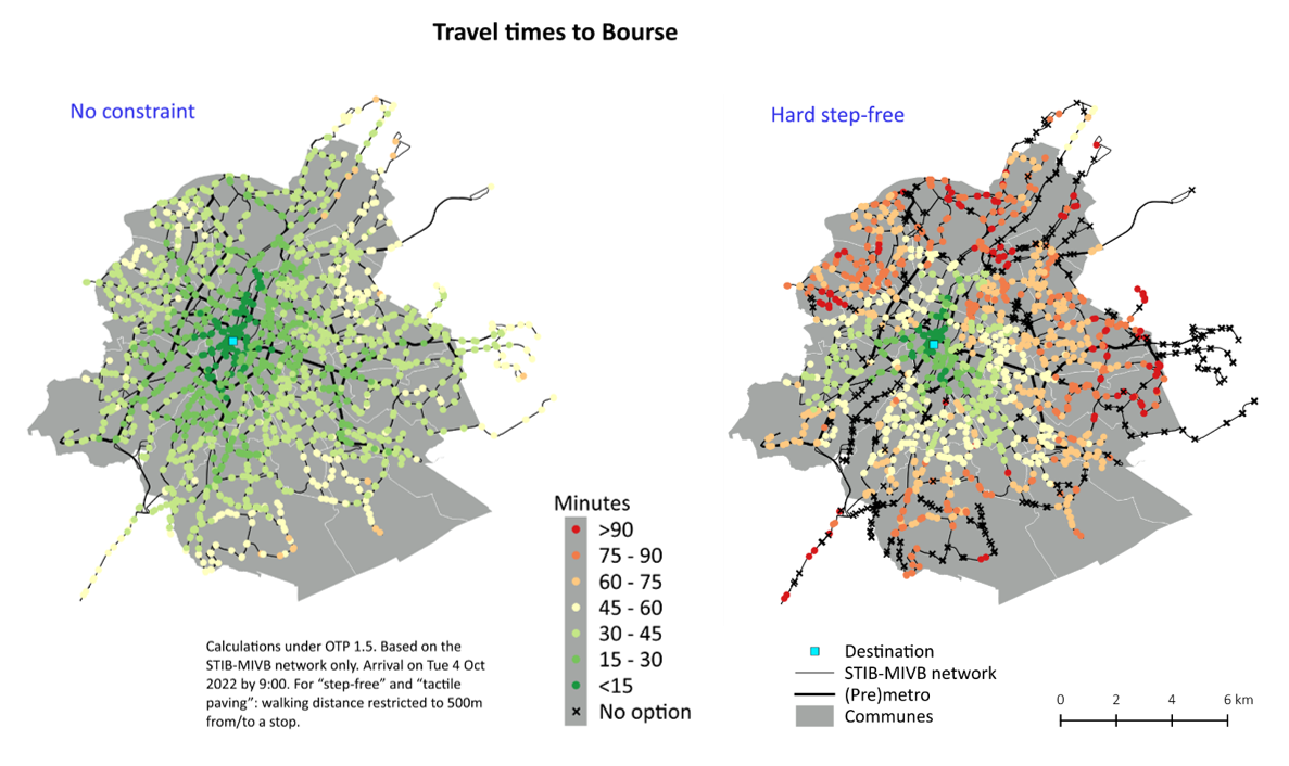 Travel times to Bourse, first with no constraint, second considering hard step-free.